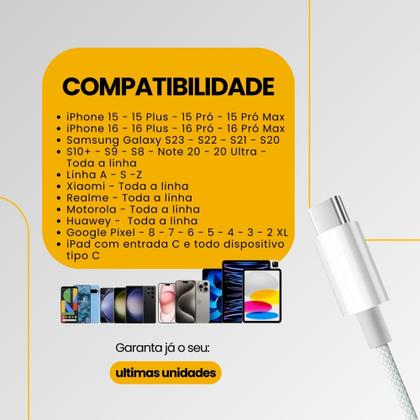 Imagem de Cabo Usb C Trançado Quick Charge Compativel Com iPhone 16 15 Android Samsung Motorola Xiaomi Realme