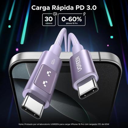 Imagem de Cabo Usb C Ugreen 100W Pd Carregamento Rápido 2 Metro (Roxo)