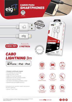 Imagem de Cabo USB para Lightning Certificado MFi com 3 metros para Sincronização e Recarga 12W 2.4A C810 ELG