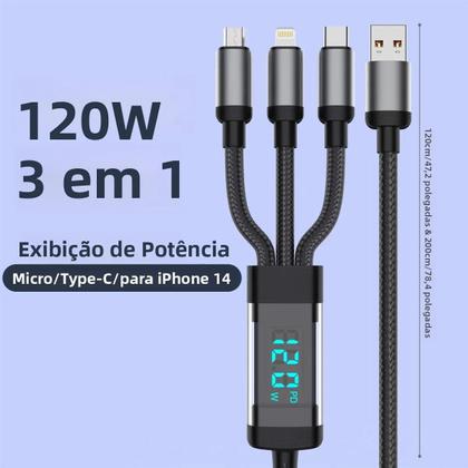 Imagem de Cabo USB Tipo C 3 Em 1 Com Carregamento Rápido De 120W E Display LCD Para iPhone 14, Galaxy S24