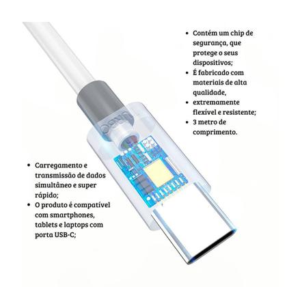 Imagem de Cabo Usb Type-C Carga Rápida Para Samsung S10 S20 S21 S22 S23 Note 10 3 metros - HREBOS