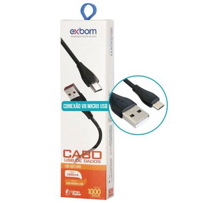 Imagem de Cabo V8 Micro USB 2.4A Turbo com 1 Metro Emborrachado para Dados e Carregamento Exbom CBX-U2C14V8 Preto