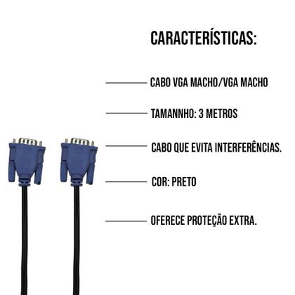Imagem de Cabo VGA DB15 Macho para VGA DB15 Macho 3 Metros