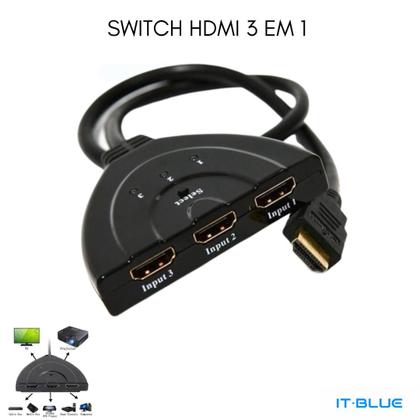 Imagem de Cabo Y Divisor Switch 3 Entradas Hdmi Conversor 3x1 Duplicador Tv Notebook Video Game