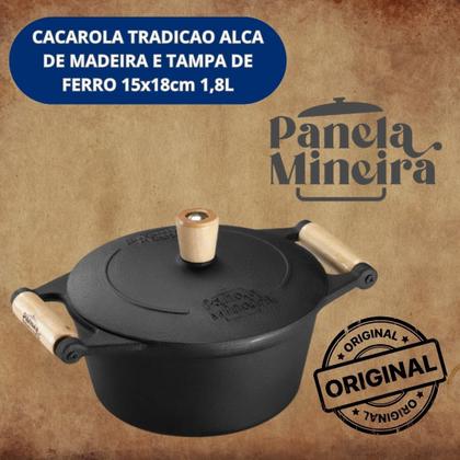 Imagem de Caçarola de Ferro Fundido 1,8L Tampa de Ferro e Cabo Madeira Serve para todos os tipos de fogoes