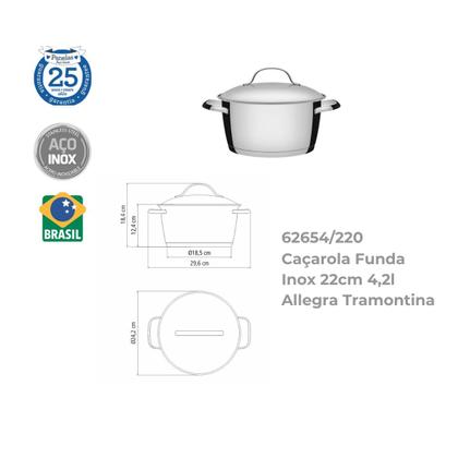 Imagem de Caçarola Funda Inox 22cm 4,2L Allegra Tramontina 62654/220