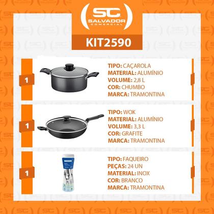 Imagem de Caçarola Turim Alumínio Chumbo Antiaderente 2,8l + Faqueiro Ipanema Branco 24pc + Wok Loreto 3,3l
