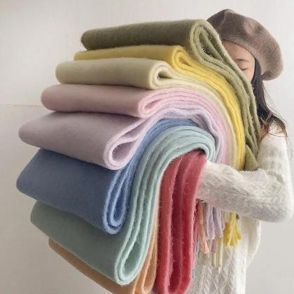 Imagem de Cachecol De Inverno Feminino Em Cashmere Grosso, Xale, Pashmina Com Franjas Em Cores Sólidas