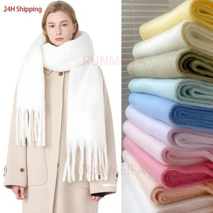 Imagem de Cachecol De Inverno Feminino Em Cashmere Grosso, Xale, Pashmina Com Franjas Em Cores Sólidas