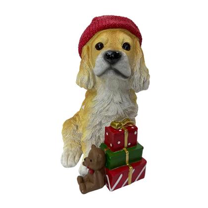 Imagem de Cachorro Natalino Pet Noel Resina 22cm Presentes Decorativo Sentado com Gorro Natal Caixa De Presente
