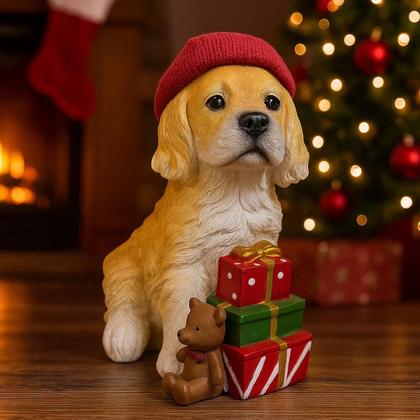Imagem de Cachorro Natalino Pet Noel Resina 22cm Presentes Decorativo Sentado com Gorro Natal Caixa De Presente