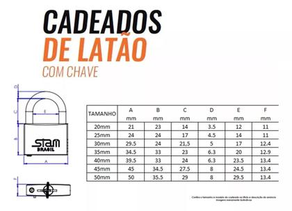 Imagem de Cadeado Chave Latão Maciço Stam 50mm Não Enferruja Resistente Robusto Armário Academia Mala Bolsa Mochila Portão Janela Porta