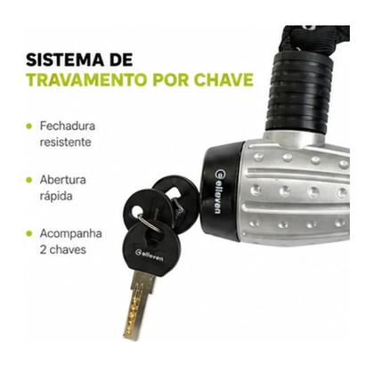 Imagem de Cadeado Corrente Elleven 8x90cm Para Bicicleta Aço Reforçado Capa Protetora 2 Chaves Segurança Moto portão