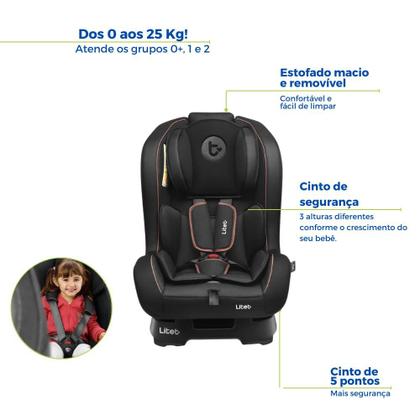 Imagem de Cadeira Cadeirinha de Bebê Carro Infantil Auto Cinto 5 Pontos 0 a 25 kg Regulável Preta Litet
