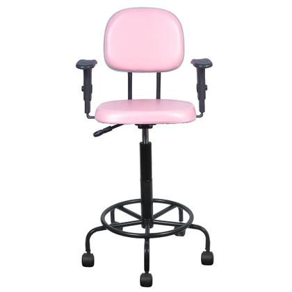 Imagem de Cadeira Caixa Alta com rodizios bracos de regulagem de altura Atendimento Recepção Balcão tecido sintetico rosa bebe