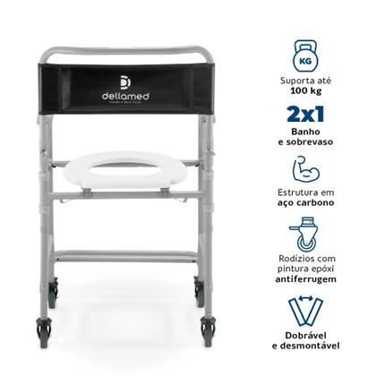 Imagem de Cadeira de Banho Higiênica Dobrável D30 Dellamed 2 Em 1 Banho e Sobre Vaso, Até 100kg Com Estrutura Reforçada e Rodízios Com Trava