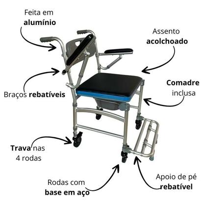 Imagem de Cadeira De Banho Para Idoso Dobrável Higiênica Com Rodas e Comadre Braço e Pé Rebatível