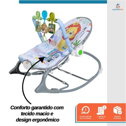 Imagem de Cadeira de Descanso Bebê Balanço até 18kg Cadeirinha Bouncer Vibração Relaxante Cinto de Segurança Mobile Barra de Brinquedos