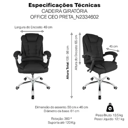 Imagem de Cadeira de Escritório Diretor Giratória Office CEO Preta Para Trabalhar Luxo Minimalista