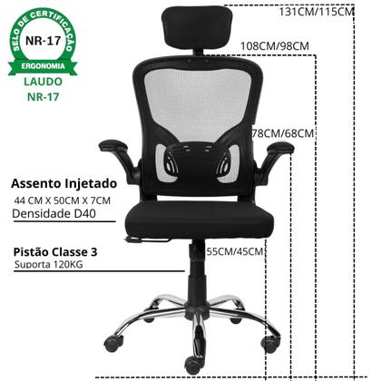 Imagem de Cadeira De Escritório Ergonômica Giratoria Ajuste Lombar Tecido Respirável Em Mesh Espuma Assento Injetada Laudo Nr17 Marca Brin7 Modelo B7_001_PT