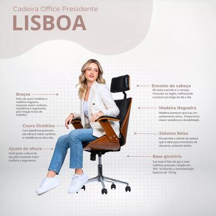 Imagem de Cadeira de Escritório Ergonômica Giratória Moderna Alta Presidente Lisboa Apoio Cabeça Office Preta