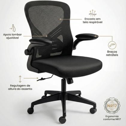 Imagem de Cadeira De Escritório Ergonômica Laudo NR17 Espuma Injetada Regulagem De Altura Ajuste Lombar Estofado Respirável Em Mesh Braços Retrátil Marca Brin7