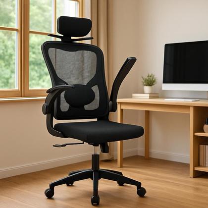 Imagem de Cadeira de Escritório Ergonômica Mesh  Reclinável, Giratória, com Apoio de Cabeça e Lombar, Cabide Embutido, Regulagem de Altura, Base Reforçada