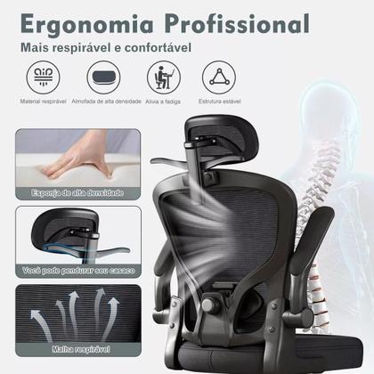 Imagem de Cadeira de Escritório Ergonômica Mesh  Reclinável, Giratória, com Apoio de Cabeça e Lombar, Cabide Embutido, Regulagem de Altura, Base Reforçada