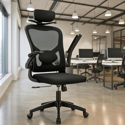 Imagem de Cadeira de Escritório Ergonômica Mesh  Reclinável, Giratória, com Apoio de Cabeça e Lombar, Cabide Embutido, Regulagem de Altura, Base Reforçada