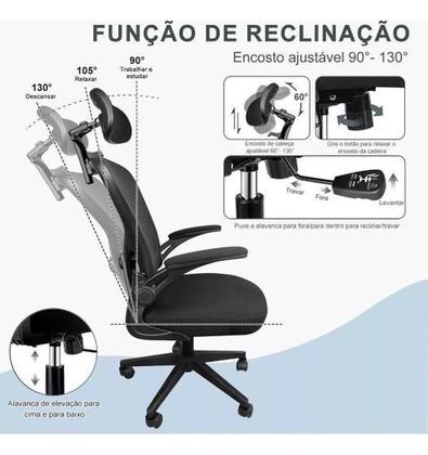 Imagem de Cadeira de Escritório Ergonômica Mesh  Reclinável, Giratória, com Apoio de Cabeça e Lombar, Cabide Embutido, Regulagem de Altura, Base Reforçada