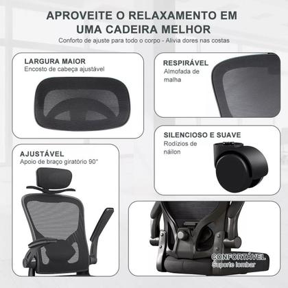Imagem de Cadeira de Escritório Ergonômica Mesh  Reclinável, Giratória, com Apoio de Cabeça e Lombar, Cabide Embutido, Regulagem de Altura, Base Reforçada
