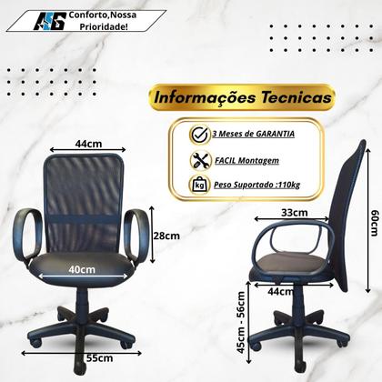 Imagem de Cadeira de Escritório Ergonômica NR17 Confortável Home Office Executiva Apoio Lombar Braços Trabalho Giratória Diretor Tela Mesh Preta Com Rodinha