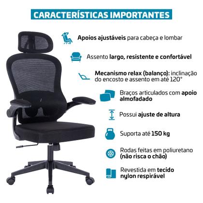 Imagem de Cadeira de Escritório Ergonômica Presidente Apoio Lombar Encosto Cabeça Giratória Sistema Relax Belmóveis BME1