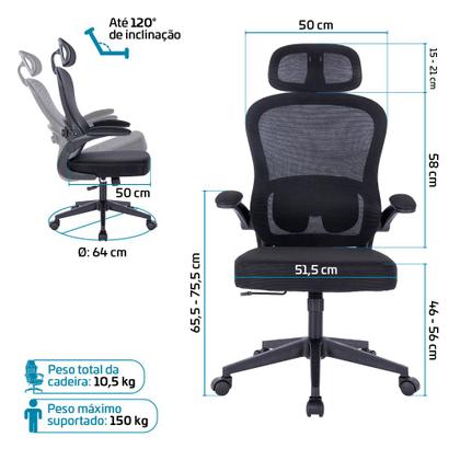 Imagem de Cadeira de Escritório Ergonômica Presidente Apoio Lombar Encosto Cabeça Giratória Sistema Relax Belmóveis BME1