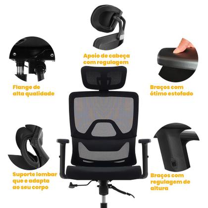 Imagem de Cadeira de Escritório Ergonômica Ravena com Suporte Lombar Em Tela Mesh Preto