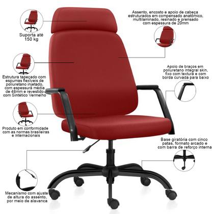 Imagem de Cadeira de Escritório Giratória Diretor com Apoio de Cabeça Hub F02 Sintético Vermelho - Lyam Decor