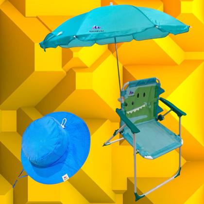 Imagem de Cadeira de Praia Infantil Dinossauro com Guarda-Sol e Chapéu Azul com fator de proteção UV - RIKABUNI