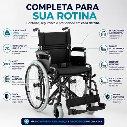 Imagem de Cadeira De Rodas Dobrável Aço D400 até 120kg Resistente com Braço Ajustável Dellamed