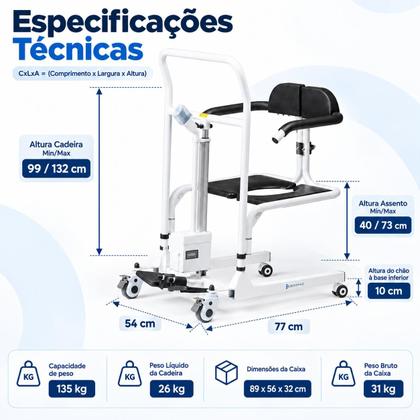 Imagem de Cadeira De Transferência Multiuso para Pacientes Acamados com Elevação Motorizada até 135kg Dellamed