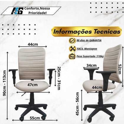 Imagem de Cadeira Escritório Ergonômica Bege Apoio Lombar Com Encosto NR17 Office Executiva Giratória Ajuste De Altura Com Rodinha Costura Esteirinha