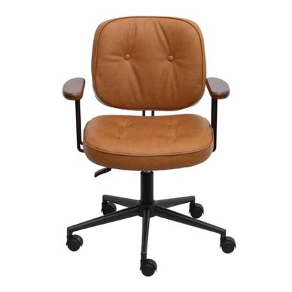 Imagem de Cadeira Escritório Giratória Ancara Or Design Revest PU Caramelo Braços em Madeira Base Rodízio