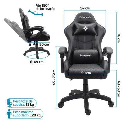 Imagem de Cadeira Gamer Escritório Material Sintético Pu Black Ergonômica Reclinável Altura Ajustável Bmg4 Belmóveis