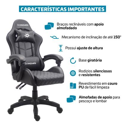 Imagem de Cadeira Gamer Escritório Material Sintético Pu Black Ergonômica Reclinável Altura Ajustável Bmg4 Belmóveis