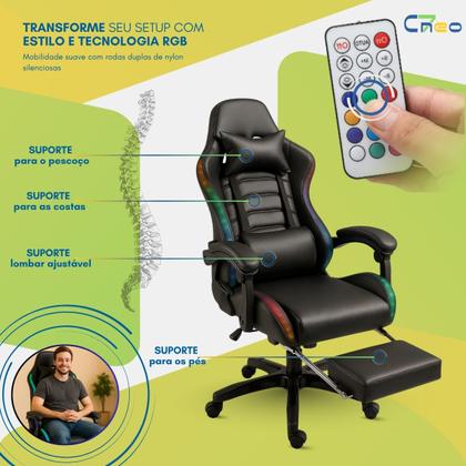 Imagem de Cadeira Gamer Setup Profissional Jogos C7 Neo RGB LED Ergonômica Reclinável Confortável Apoio Pés Almofadas Lombar