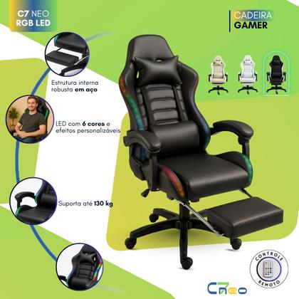 Imagem de Cadeira Gamer Setup Profissional Jogos C7 Neo RGB LED Ergonômica Reclinável Confortável Apoio Pés Almofadas Lombar