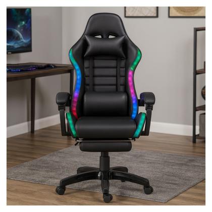 Imagem de Cadeira Gamer Setup Profissional Jogos C7 Neo RGB LED Ergonômica Reclinável Confortável Apoio Pés Almofadas Lombar