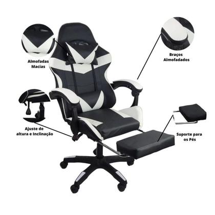 Imagem de Cadeira Gamer Stillus Ergonômica Com Apoio Para Os Pés Preto E Branco