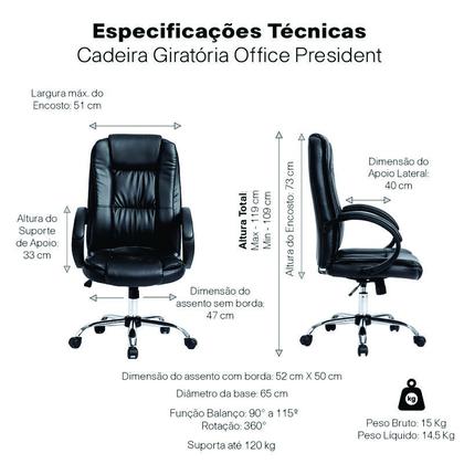 Imagem de Cadeira Giratória Presidente Office Ergonômica Preta Suporta 130kg Conforto e Estilo