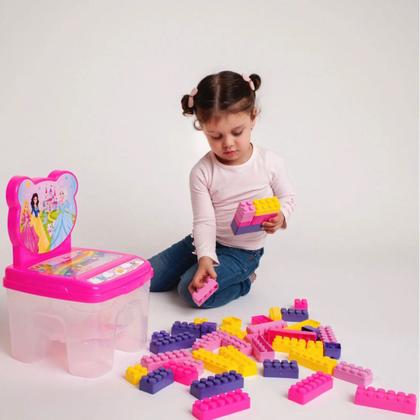 Imagem de Cadeira Infantil Rosa Blocos de Montar Educativo 24 Peças