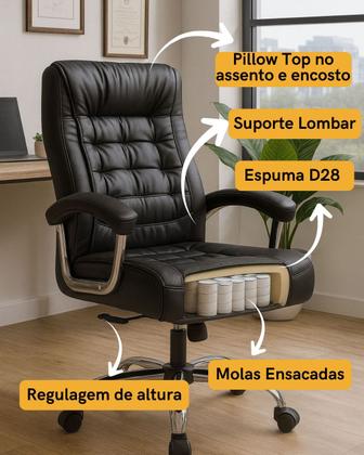 Imagem de Cadeira Poltrona De Escritório Presidente Ergonômica Com 42 Molas Ensacadas e Pillow Top no Assento e Encosto Executiva Giratória Big Preto